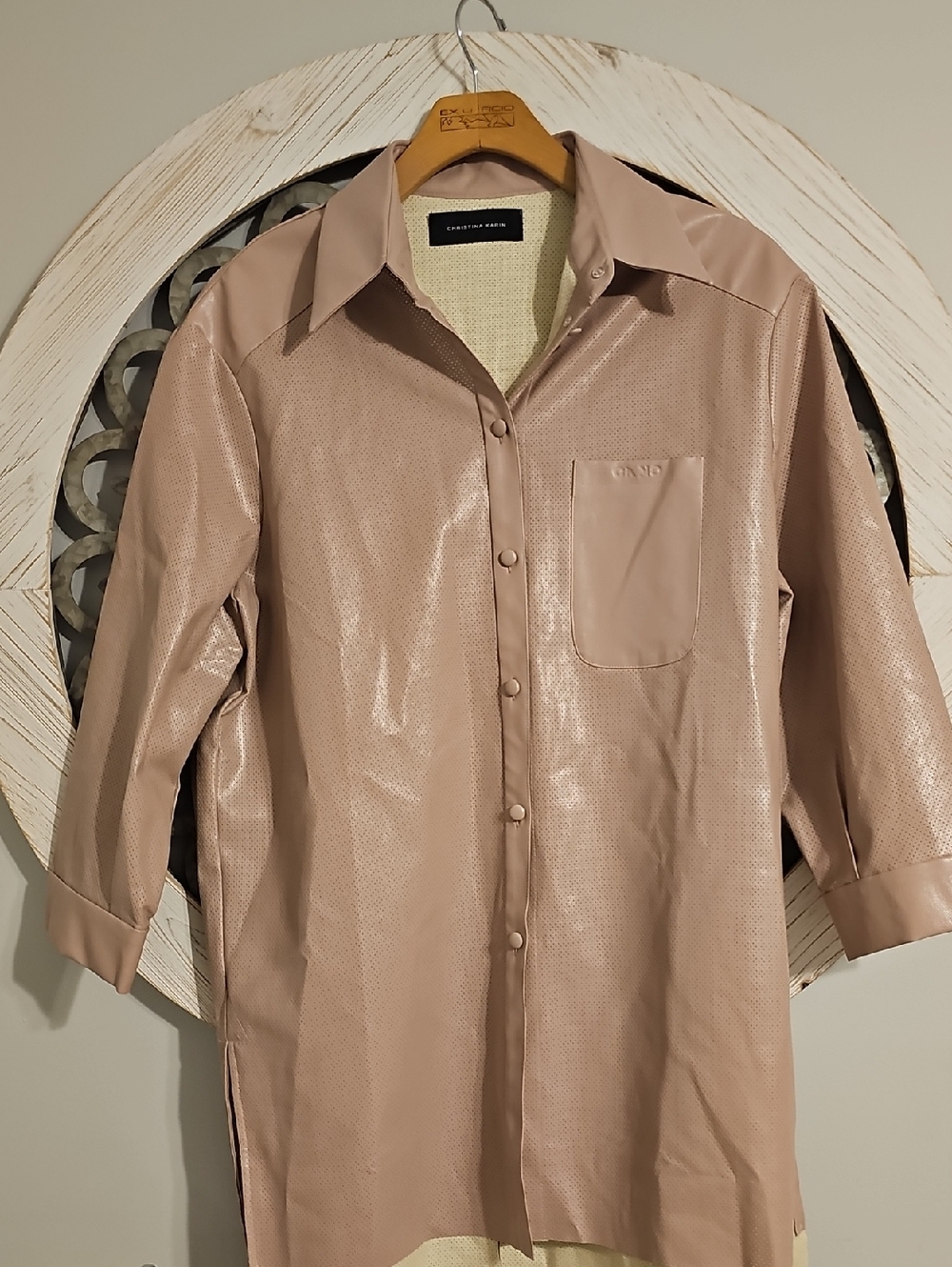 Christina Karin Blush Taupe Faux Leather Button-Front Shacket